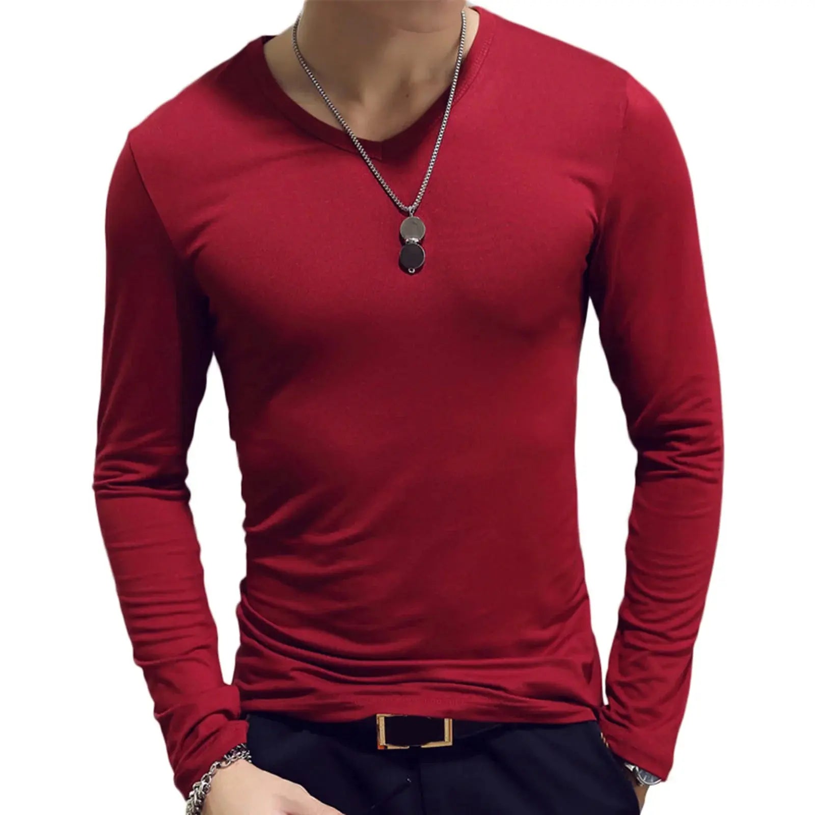 Mens Clothing Fashion V Neck Slim Fit T-shirt Long Sleeve Simple Classic Style Undershirt Casual Solid Color Tees Tops bubbles jewelry and loan