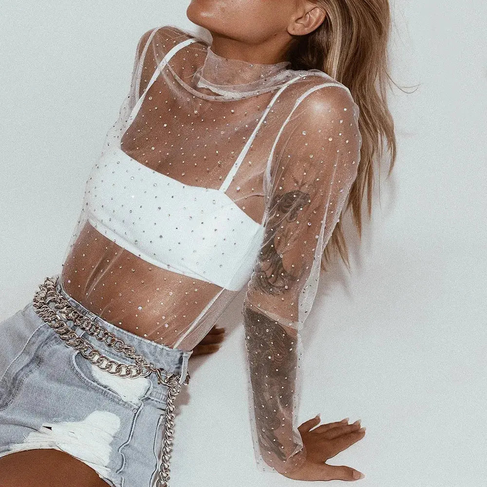 Summer Sexy Lace Mesh Sheer T Shirt Women Transparent Tops Turtleneck See Through Cover Up  Long Sleeve Shine Rhinestone Crops bubbles jewelry and loan