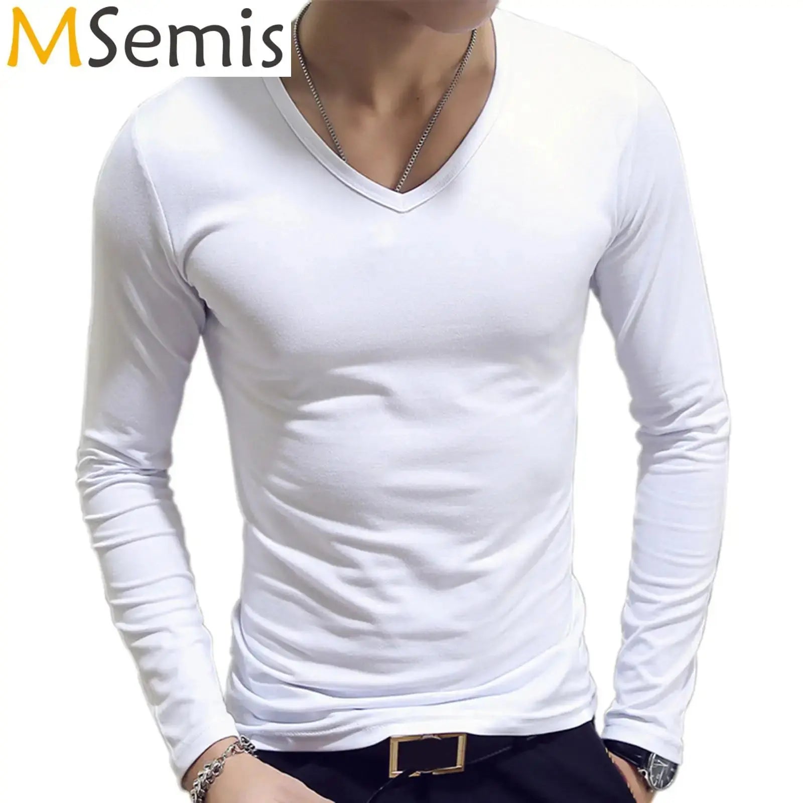 Mens Clothing Fashion V Neck Slim Fit T-shirt Long Sleeve Simple Classic Style Undershirt Casual Solid Color Tees Tops bubbles jewelry and loan