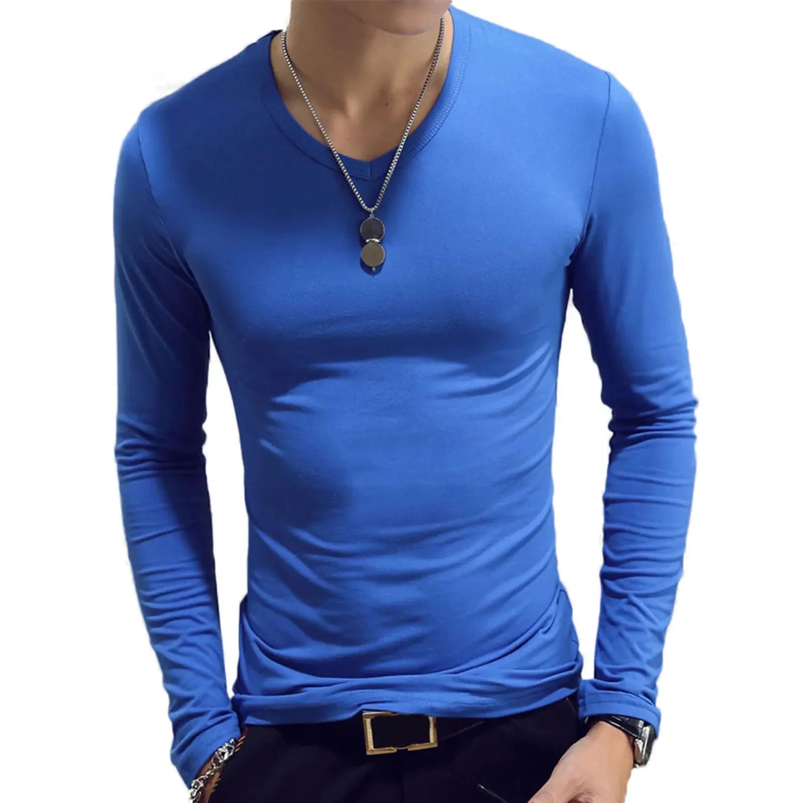 Mens Clothing Fashion V Neck Slim Fit T-shirt Long Sleeve Simple Classic Style Undershirt Casual Solid Color Tees Tops bubbles jewelry and loan
