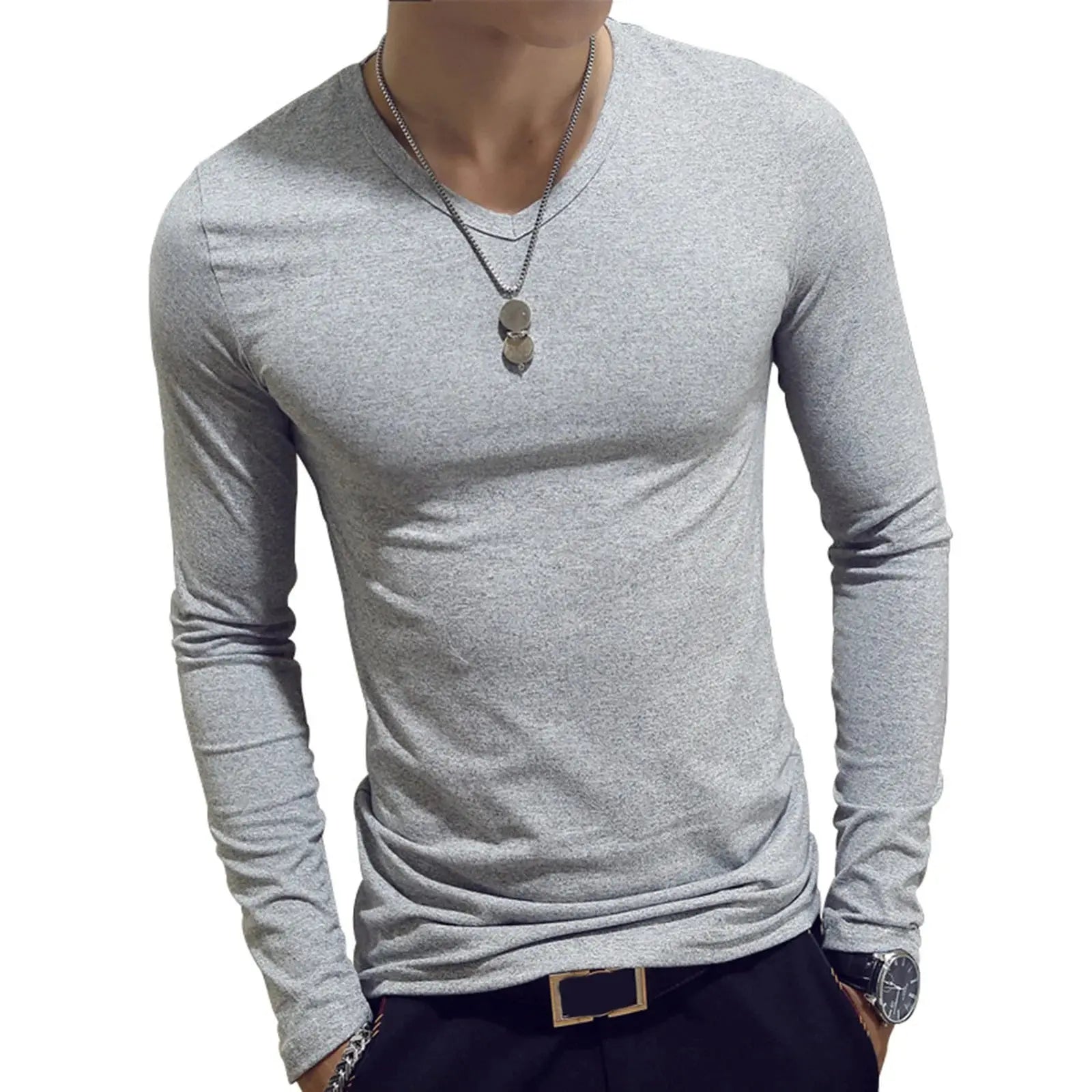 Mens Clothing Fashion V Neck Slim Fit T-shirt Long Sleeve Simple Classic Style Undershirt Casual Solid Color Tees Tops bubbles jewelry and loan