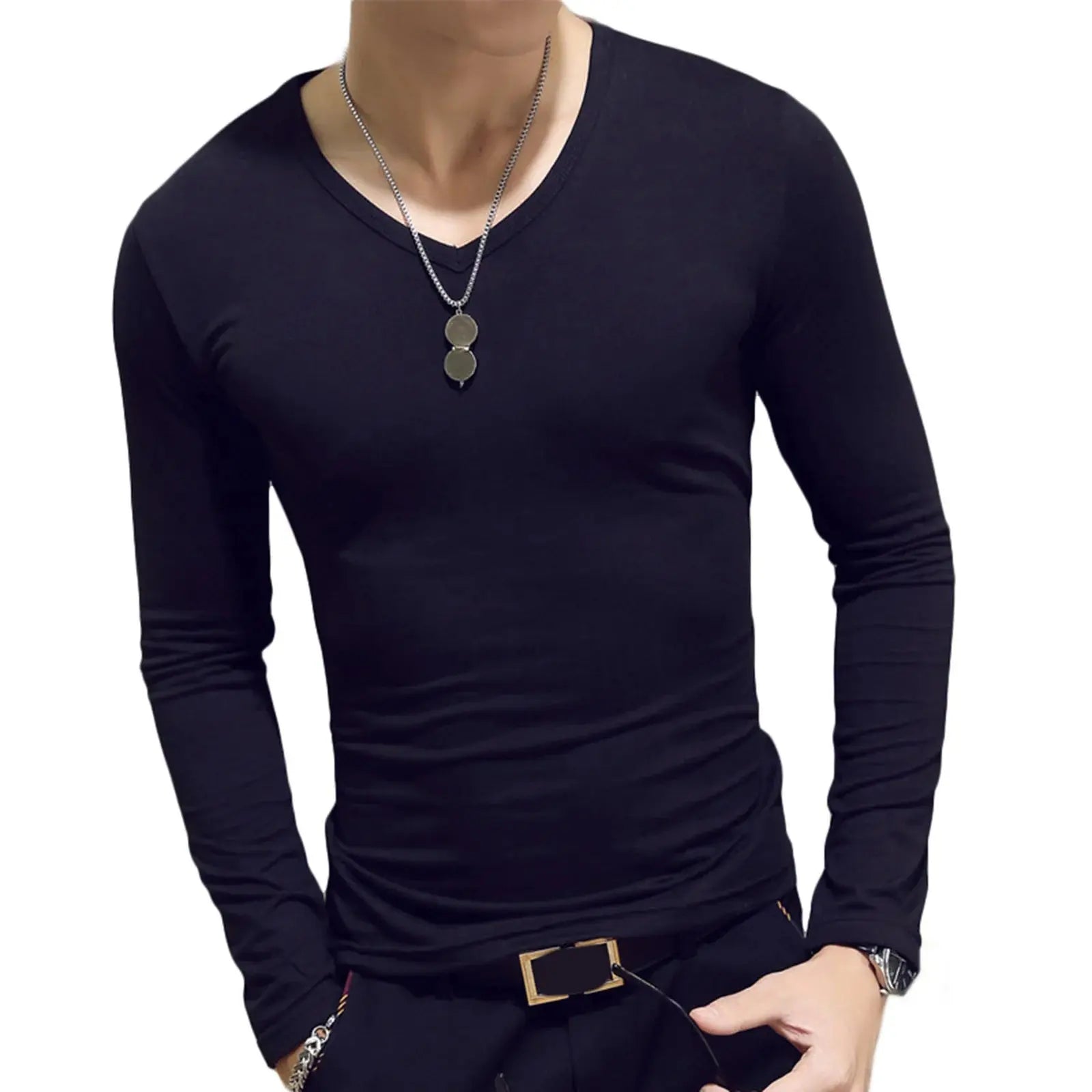 Mens Clothing Fashion V Neck Slim Fit T-shirt Long Sleeve Simple Classic Style Undershirt Casual Solid Color Tees Tops bubbles jewelry and loan