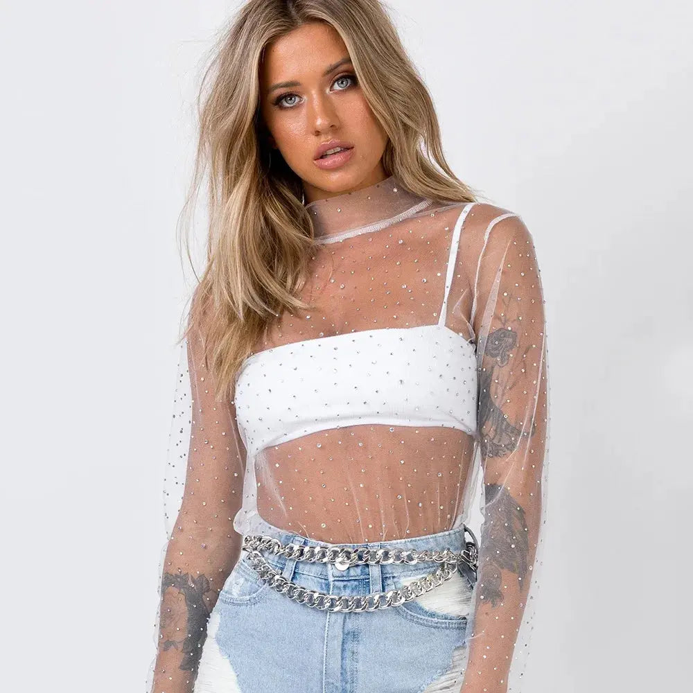 Summer Sexy Lace Mesh Sheer T Shirt Women Transparent Tops Turtleneck See Through Cover Up  Long Sleeve Shine Rhinestone Crops bubbles jewelry and loan