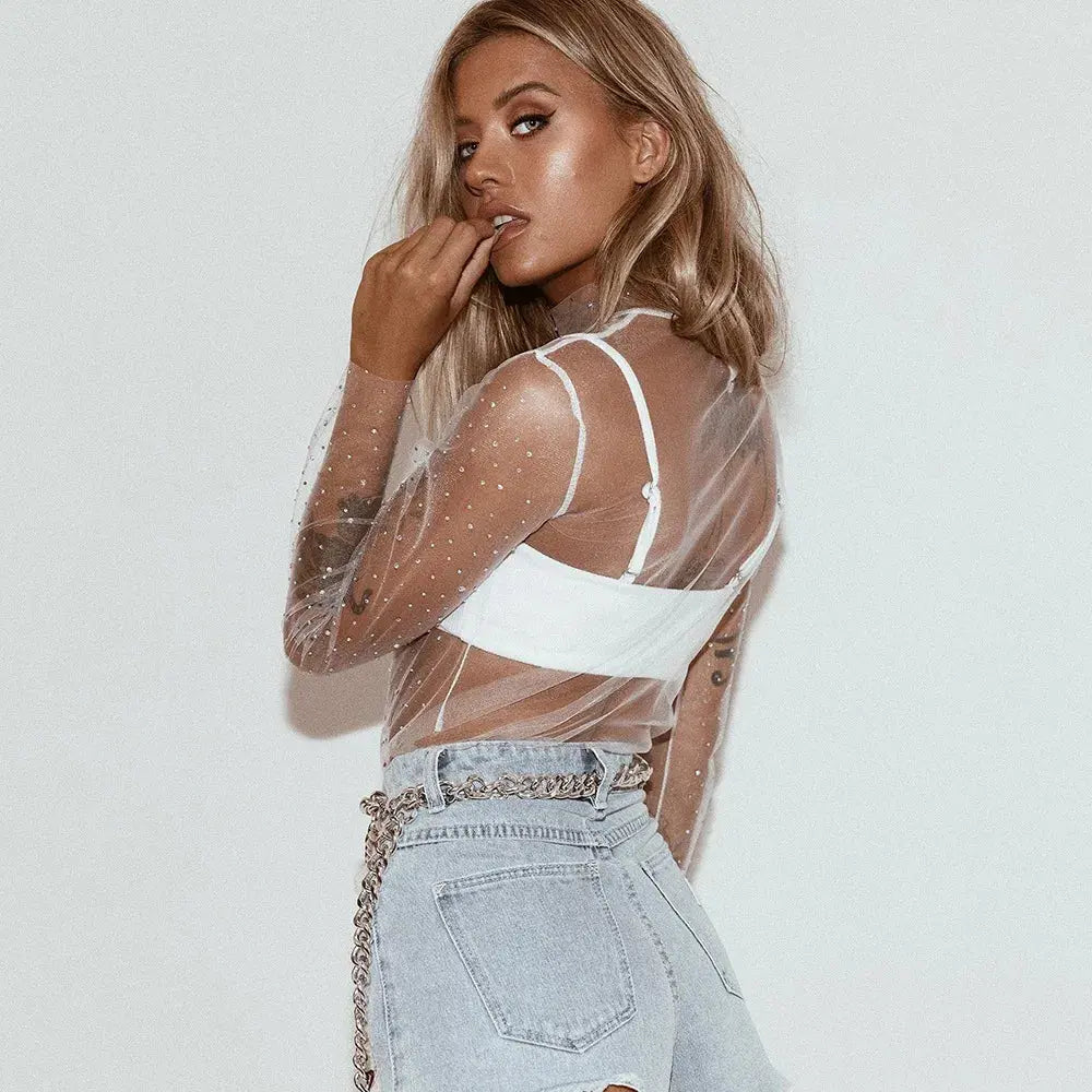 Summer Sexy Lace Mesh Sheer T Shirt Women Transparent Tops Turtleneck See Through Cover Up  Long Sleeve Shine Rhinestone Crops bubbles jewelry and loan