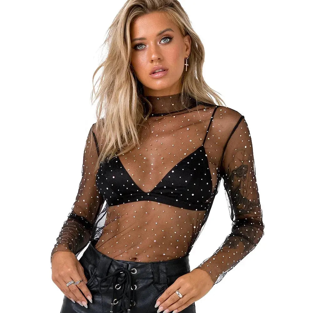 Summer Sexy Lace Mesh Sheer T Shirt Women Transparent Tops Turtleneck See Through Cover Up  Long Sleeve Shine Rhinestone Crops bubbles jewelry and loan