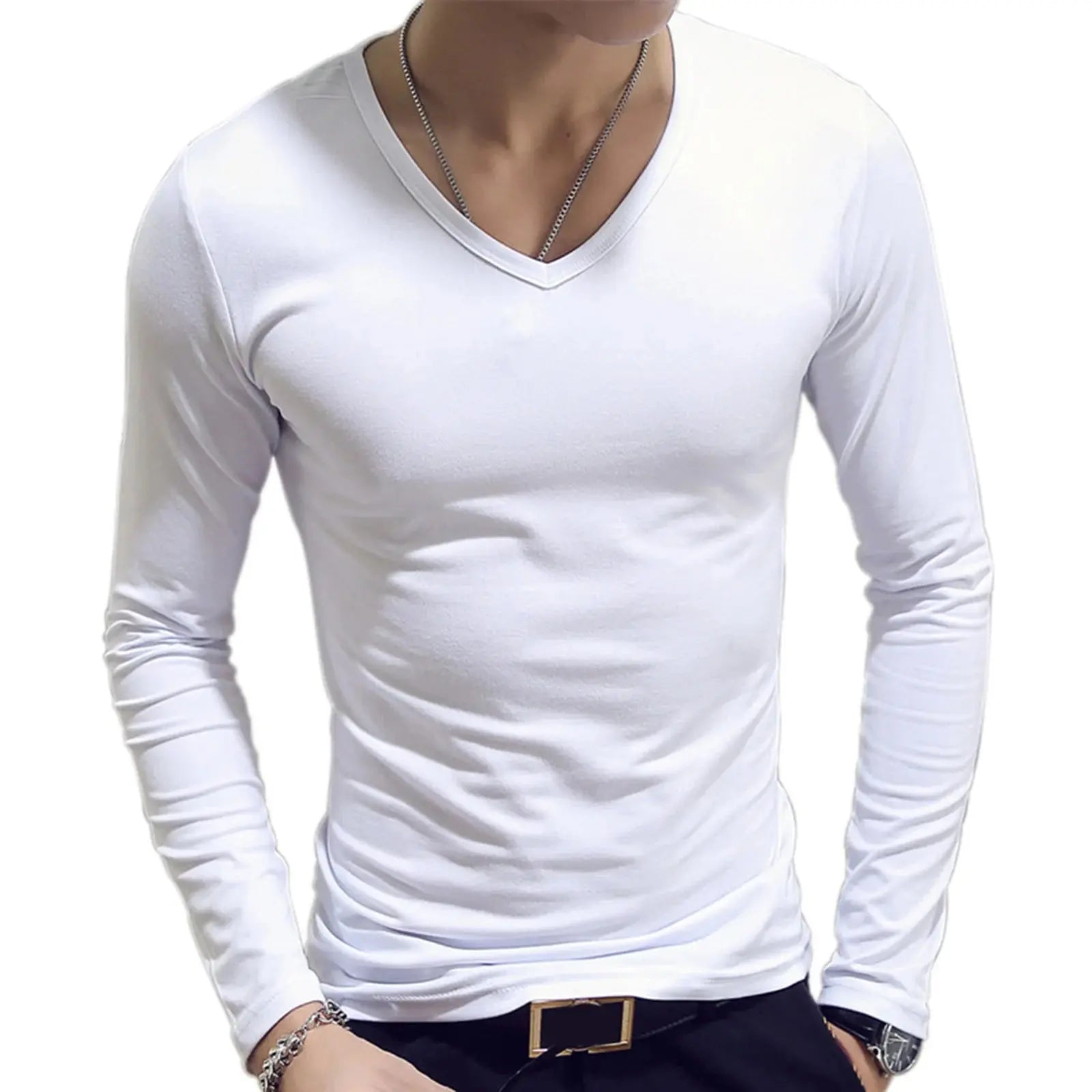 Mens Clothing Fashion V Neck Slim Fit T-shirt Long Sleeve Simple Classic Style Undershirt Casual Solid Color Tees Tops bubbles jewelry and loan