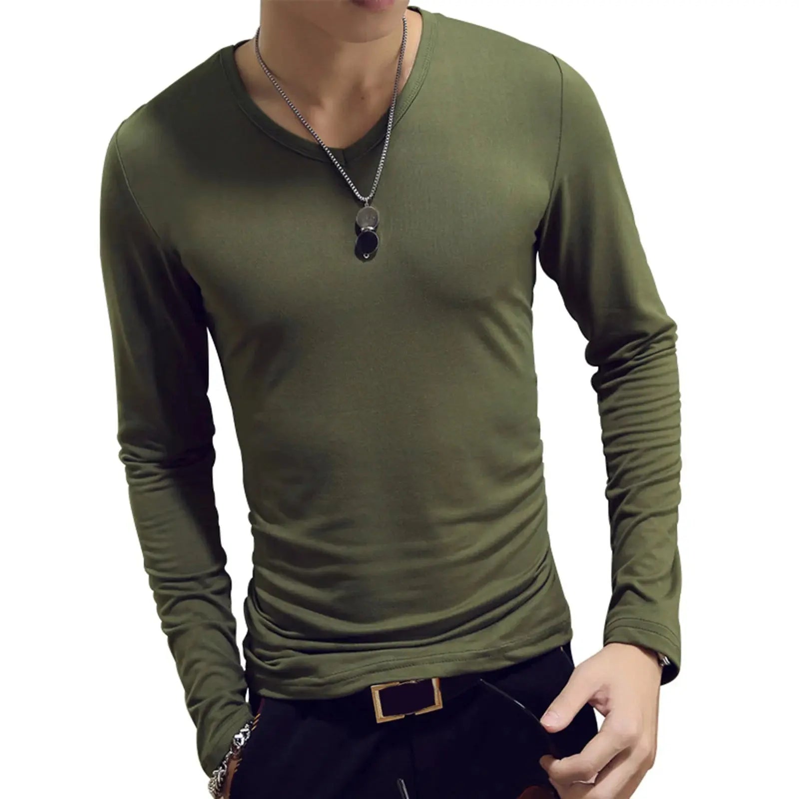 Mens Clothing Fashion V Neck Slim Fit T-shirt Long Sleeve Simple Classic Style Undershirt Casual Solid Color Tees Tops bubbles jewelry and loan