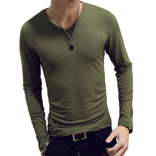 Mens Clothing Fashion V Neck Slim Fit T-shirt Long Sleeve Simple Classic Style Undershirt Casual Solid Color Tees Tops bubbles jewelry and loan
