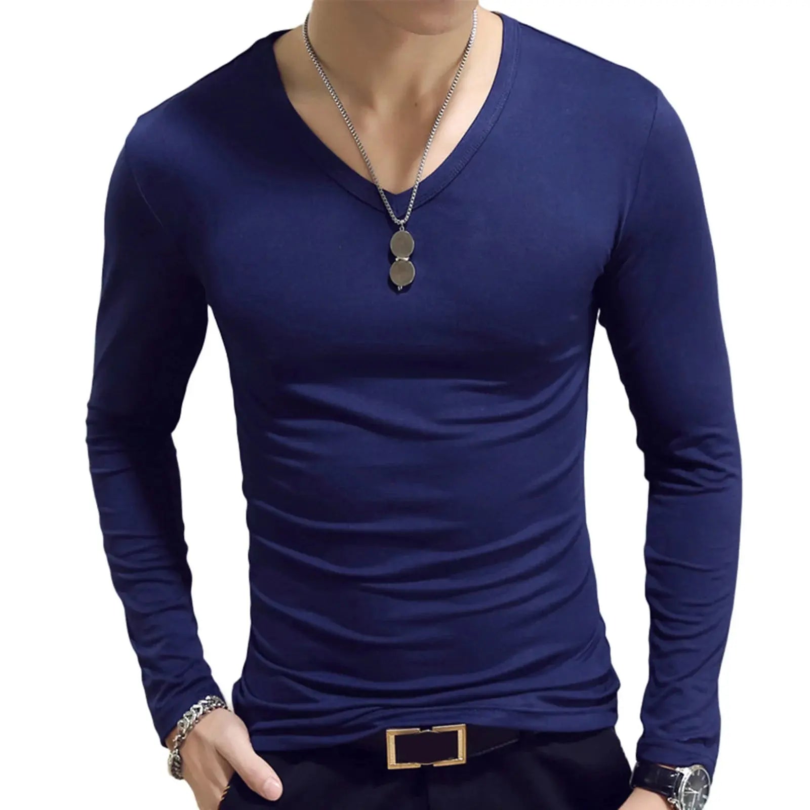 Mens Clothing Fashion V Neck Slim Fit T-shirt Long Sleeve Simple Classic Style Undershirt Casual Solid Color Tees Tops bubbles jewelry and loan